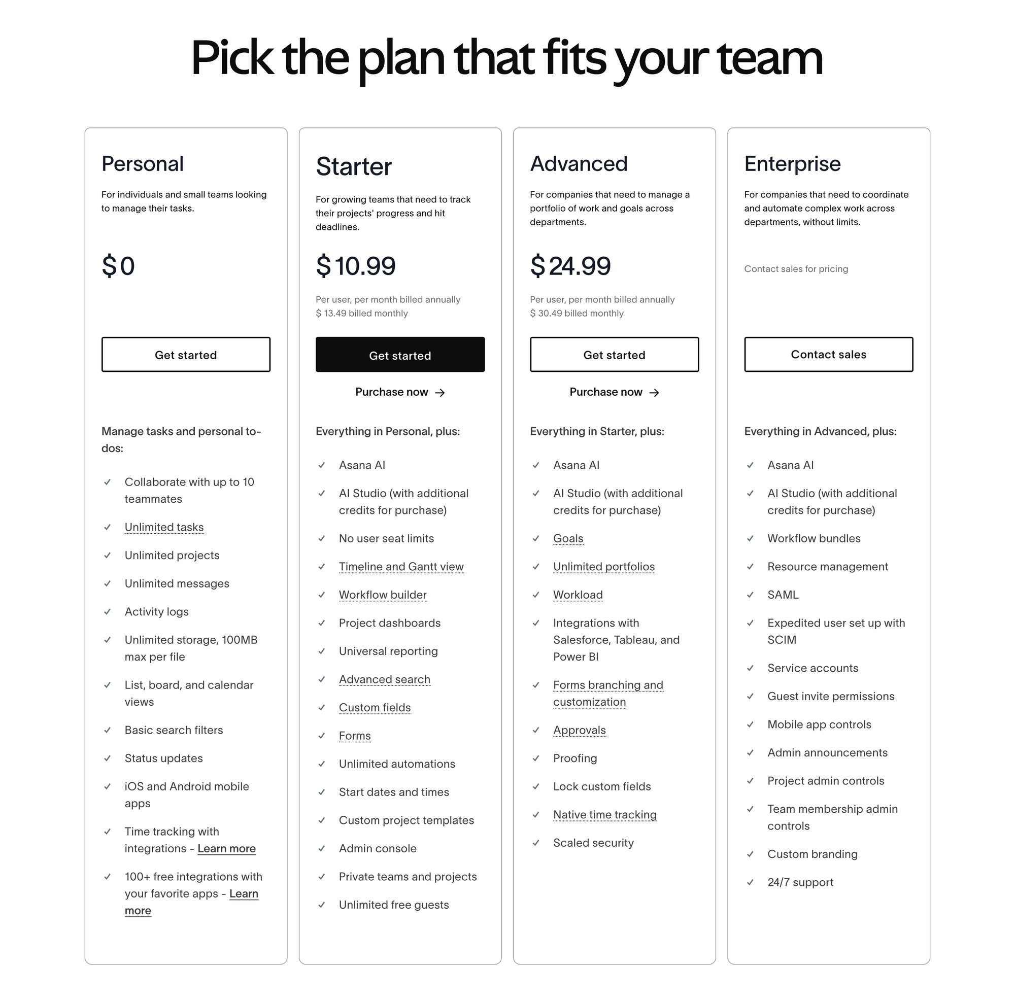 Asana's pricing layout demonstrating common patterns that influenced my design