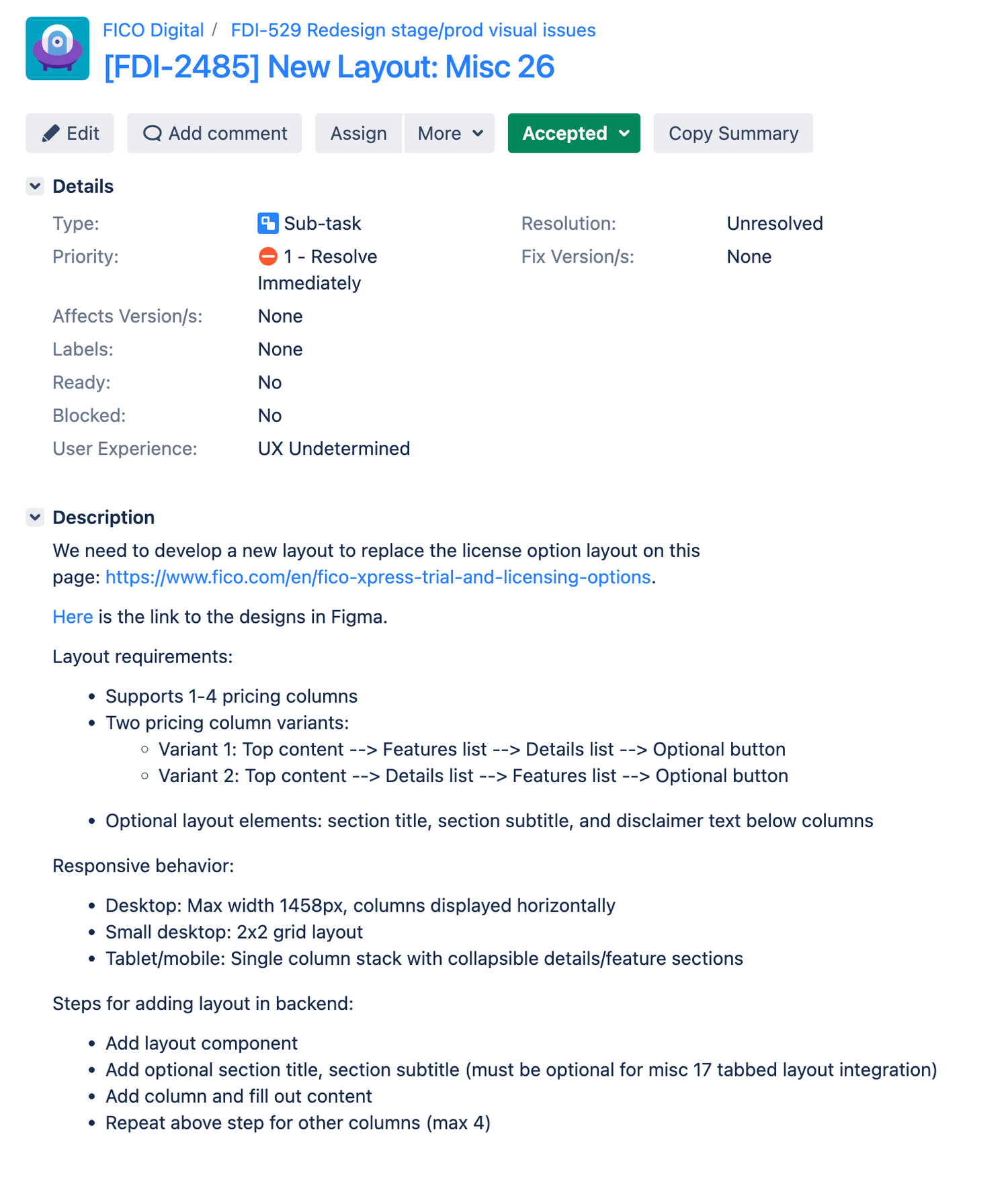 Jira ticket detailing layout requirements, responsive behavior, and backend content entry steps